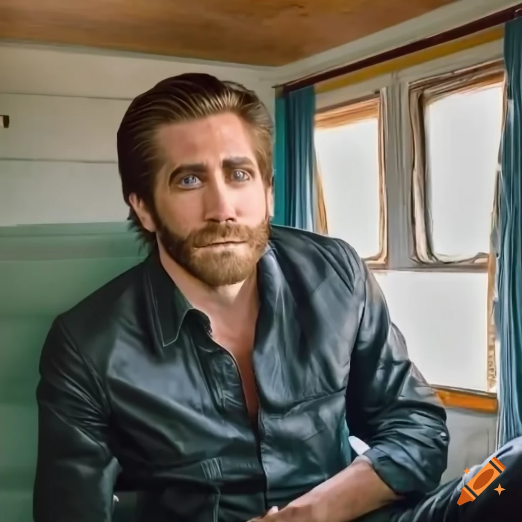 Actor resembling Jake Gyllenhaal sitting in a vintage caravan trailer