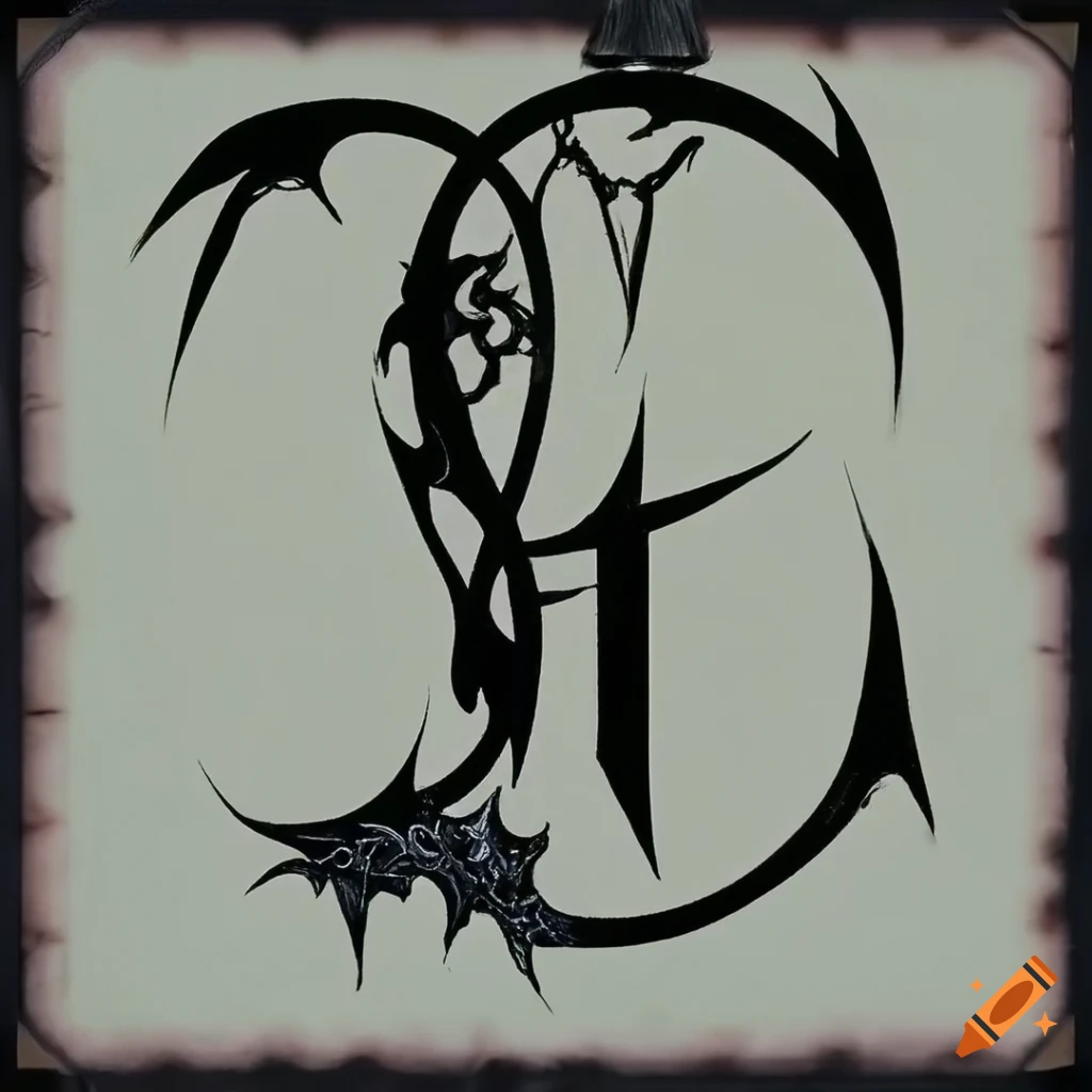 Ornamental heraldic neo-tribal sigil with abstract spikes and ivy branches in black and white