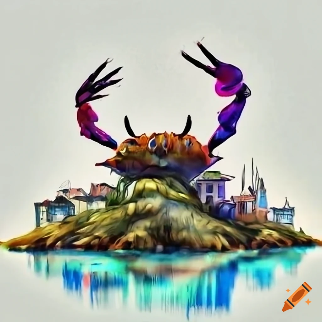 Giant crab monster towering over an island with a small town on Craiyon