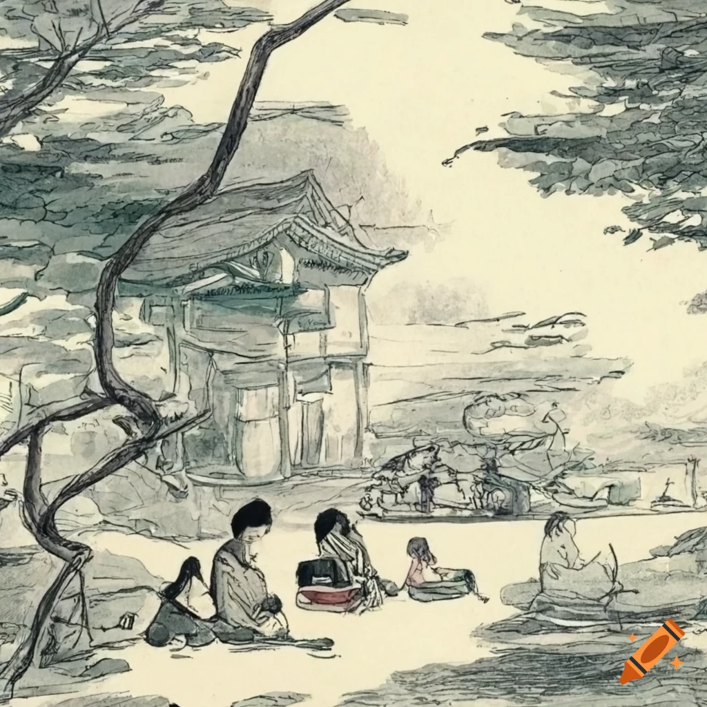 Korean style sketch of people having a picnic in the park in 1800