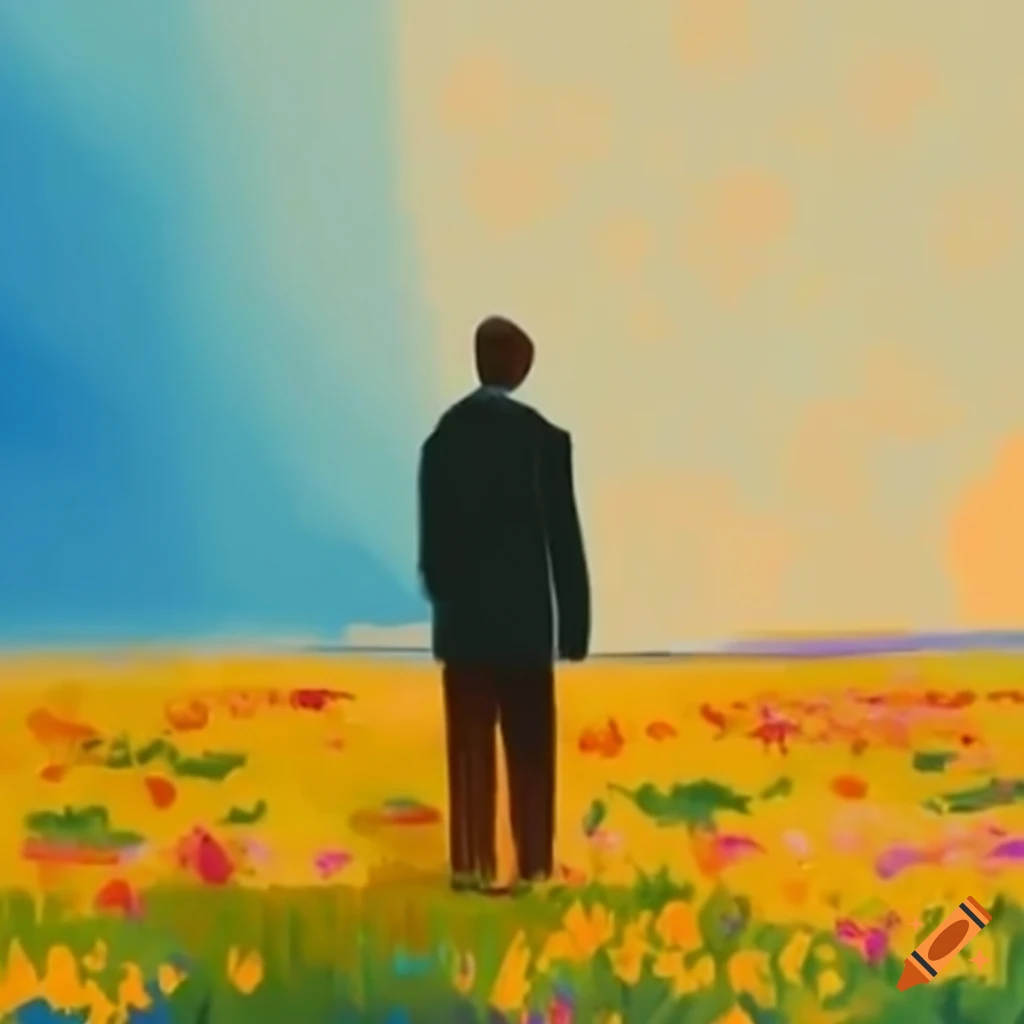 Man reflecting in a field of flowers
