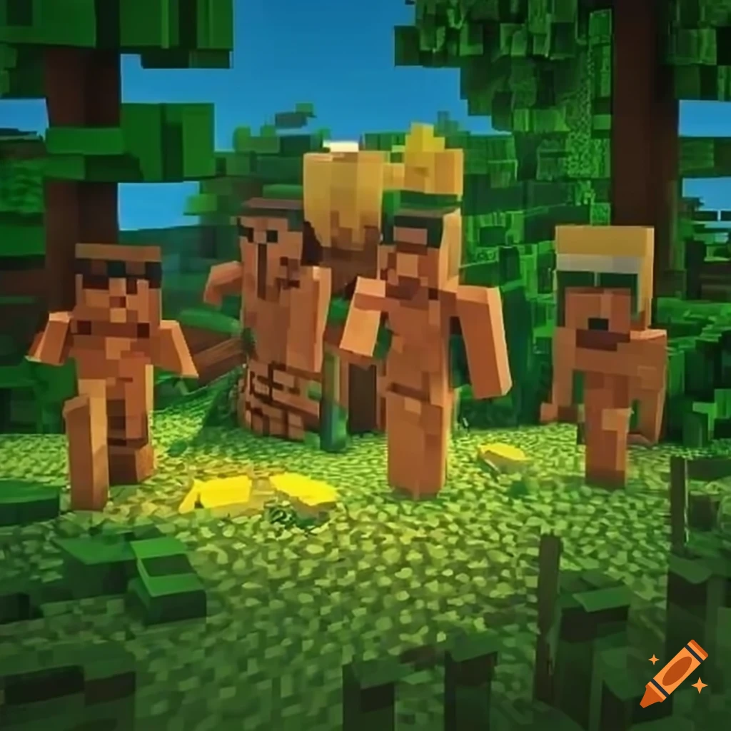Minecraft diorama of a forest with Brazilian indigenous people