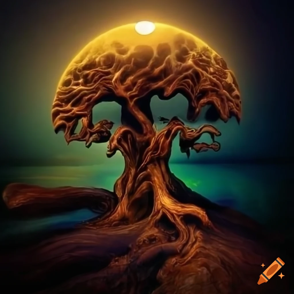 Scary huge stone tree-like structures in moonlight with spirals in an Art Nouveau style