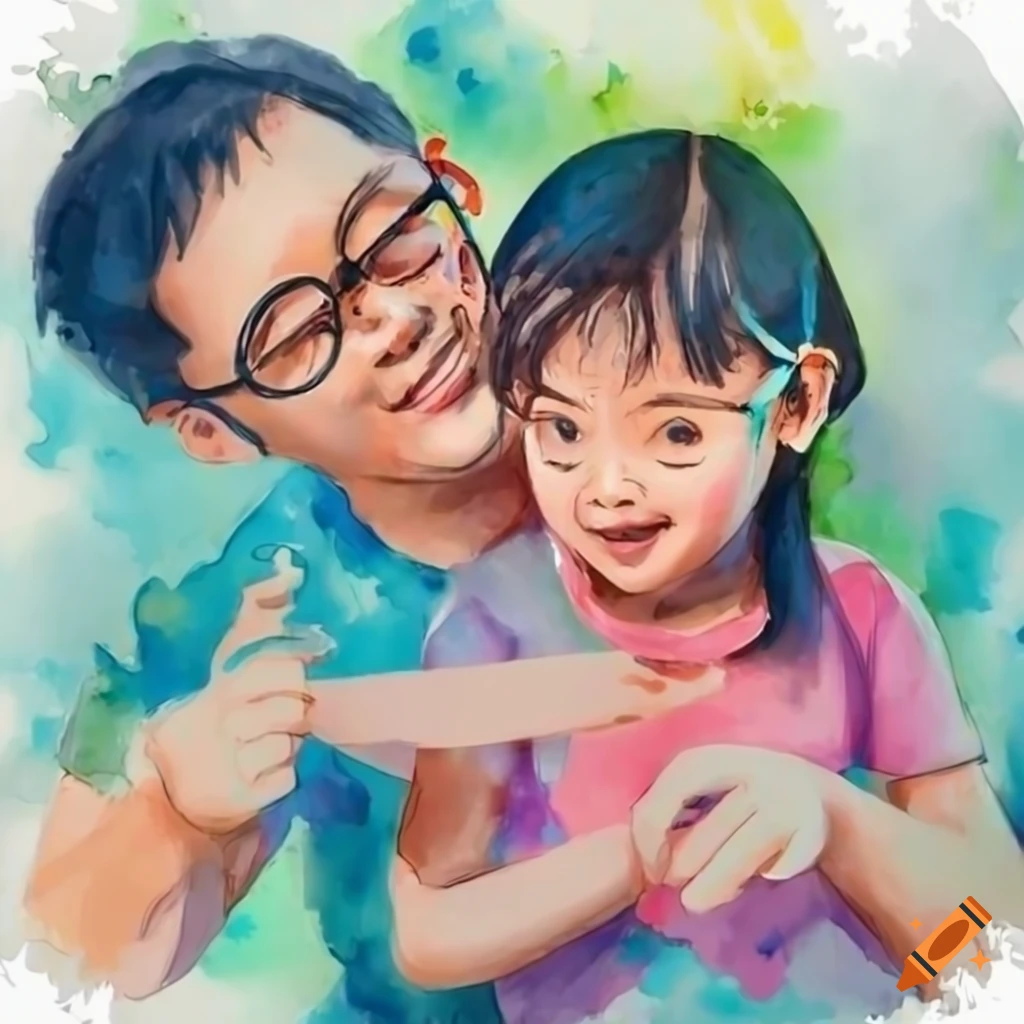 Endearing bond of Asian father playing with smiling daughter in tranquil watercolor scene