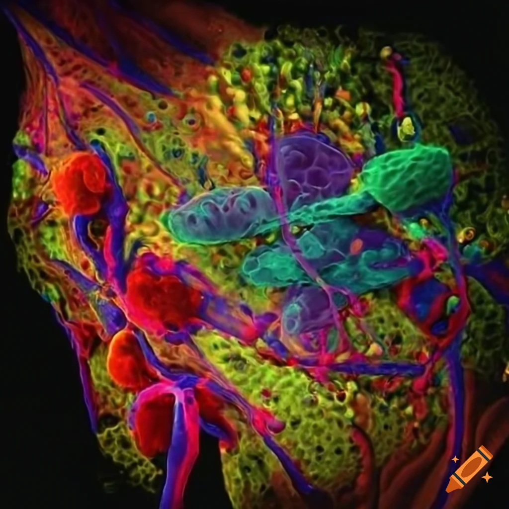 Microscopic image of interacting receptors, vesicles, and extracellular matrices