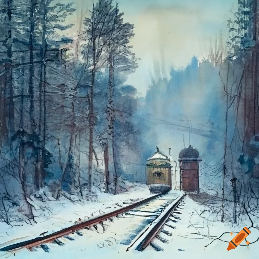 Snowy Russian train station in the woods from the ground perspective in 1910