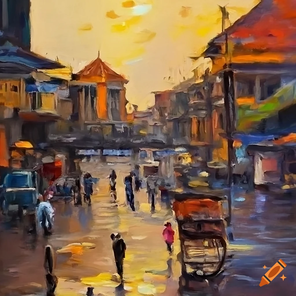 Oil painting of city life in Jakarta with traditional buildings and pedestrians