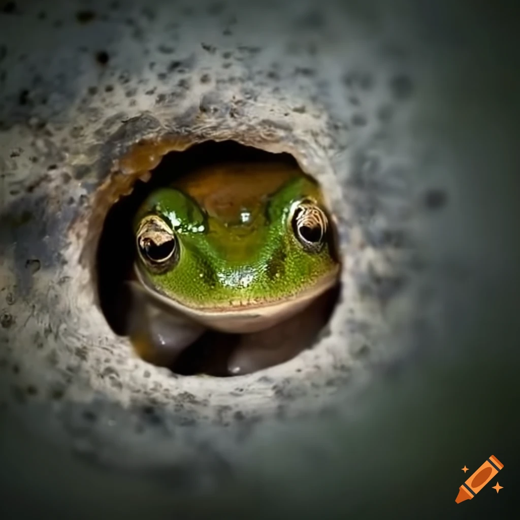 Frog in a hole during rainfall on Craiyon