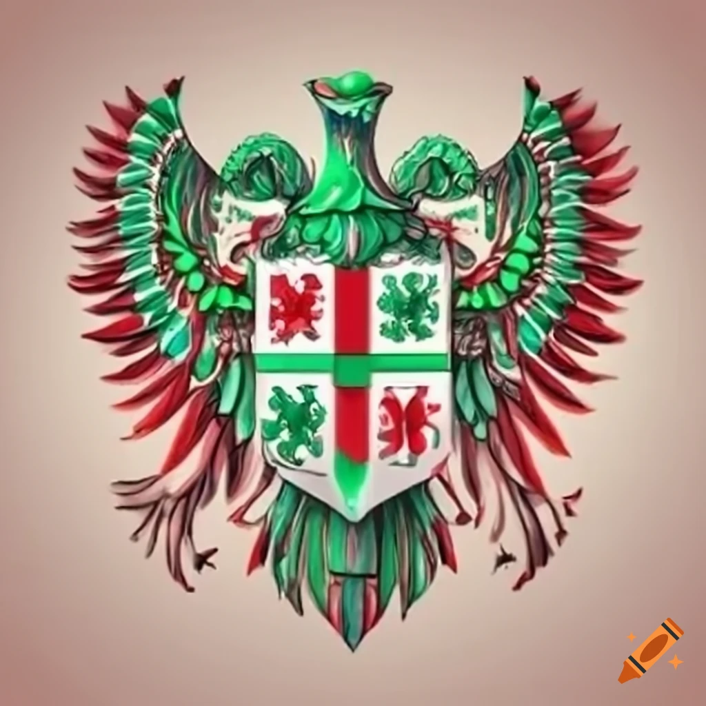 Detailed red, green, and white coat of arms with bird wings and waving banner