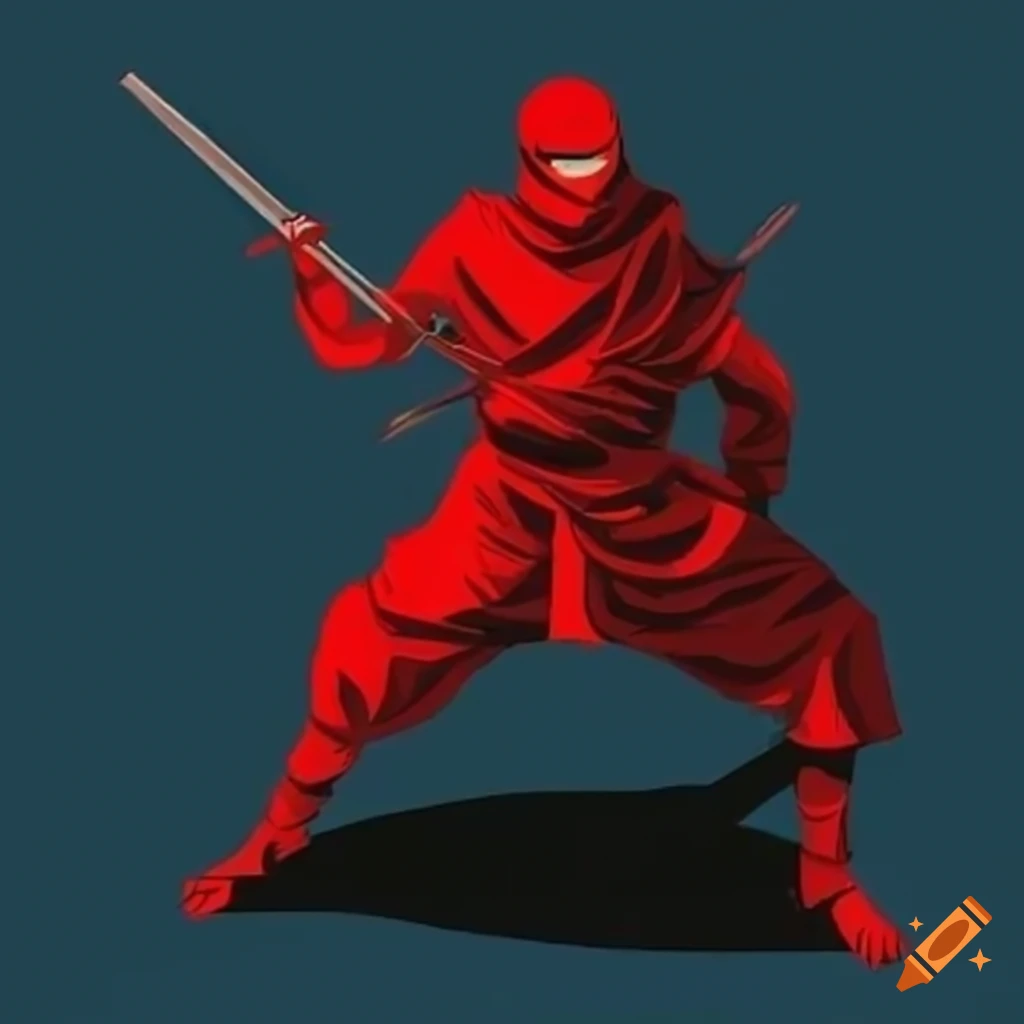 Red ninja wielding a katana in a traditional drawing style