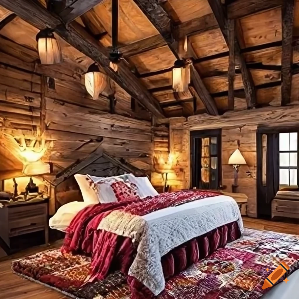 Cozy medieval cottage bedroom with wooden walls and comfortable