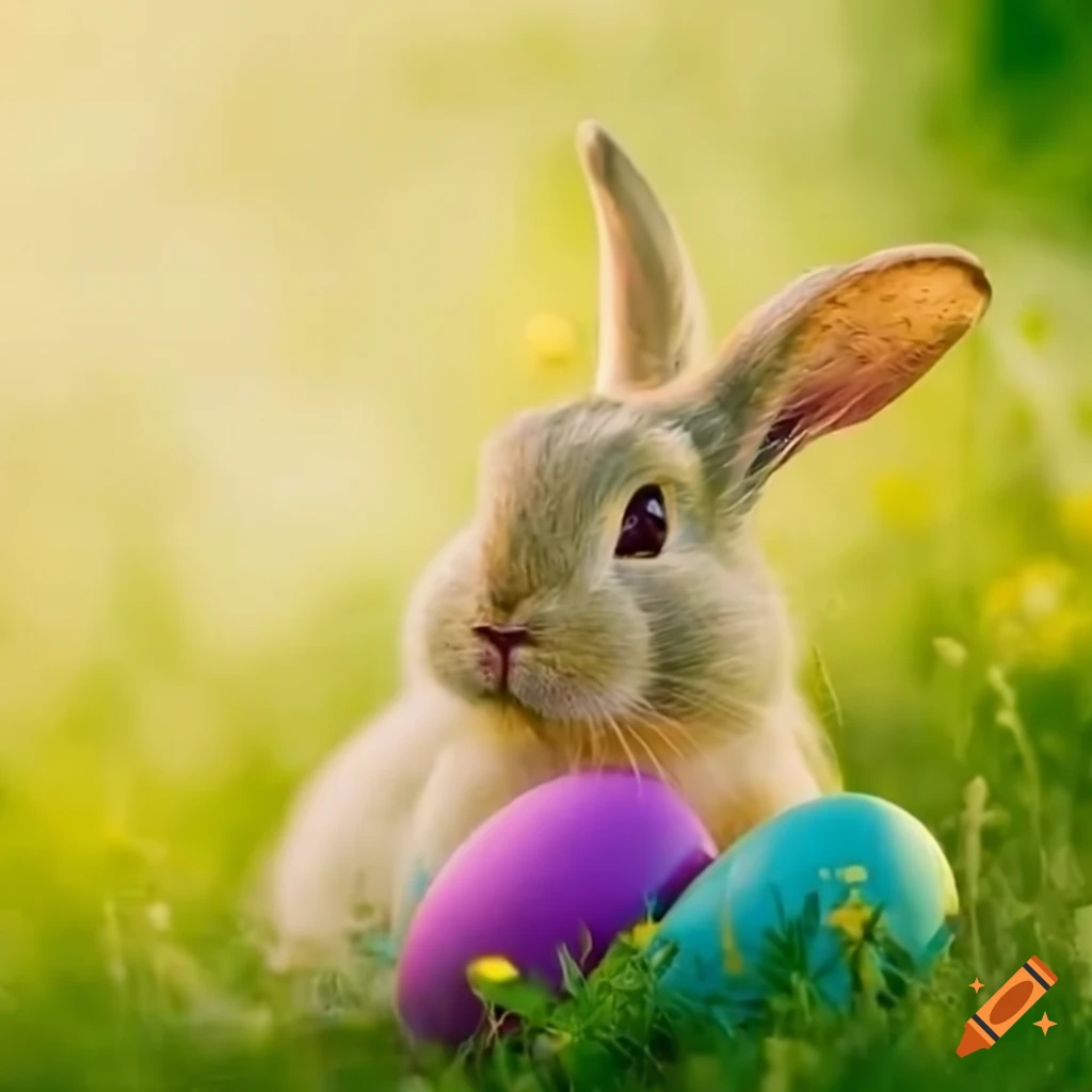 Sweet Easter bunny with a basket of painted eggs in a spring meadow on ...