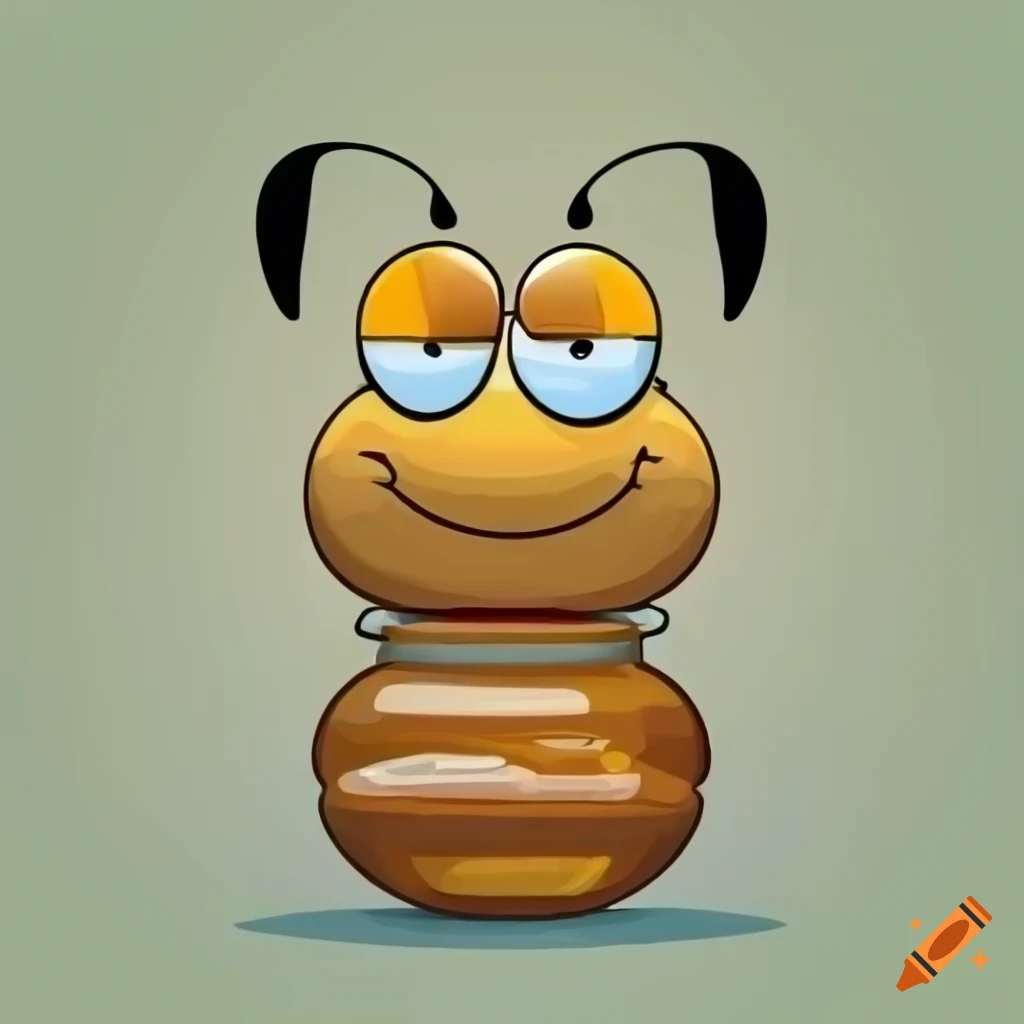 Cartoon bee smiling and holding a jar of honey