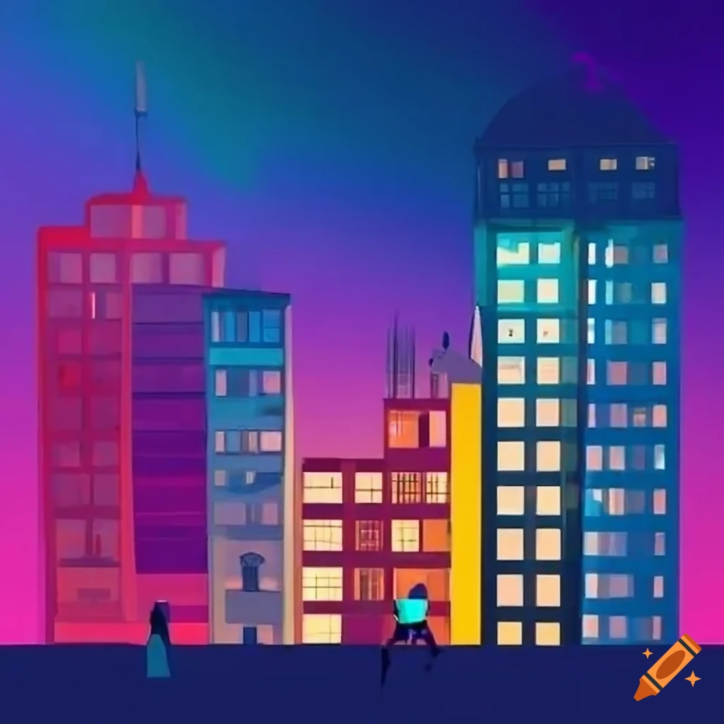 Vibrant cityscape with buildings, windows, and people on Craiyon