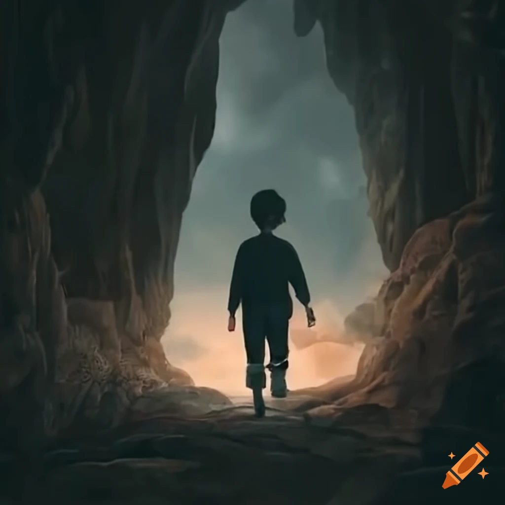 Boy walking away from cave empowered by victory over fear