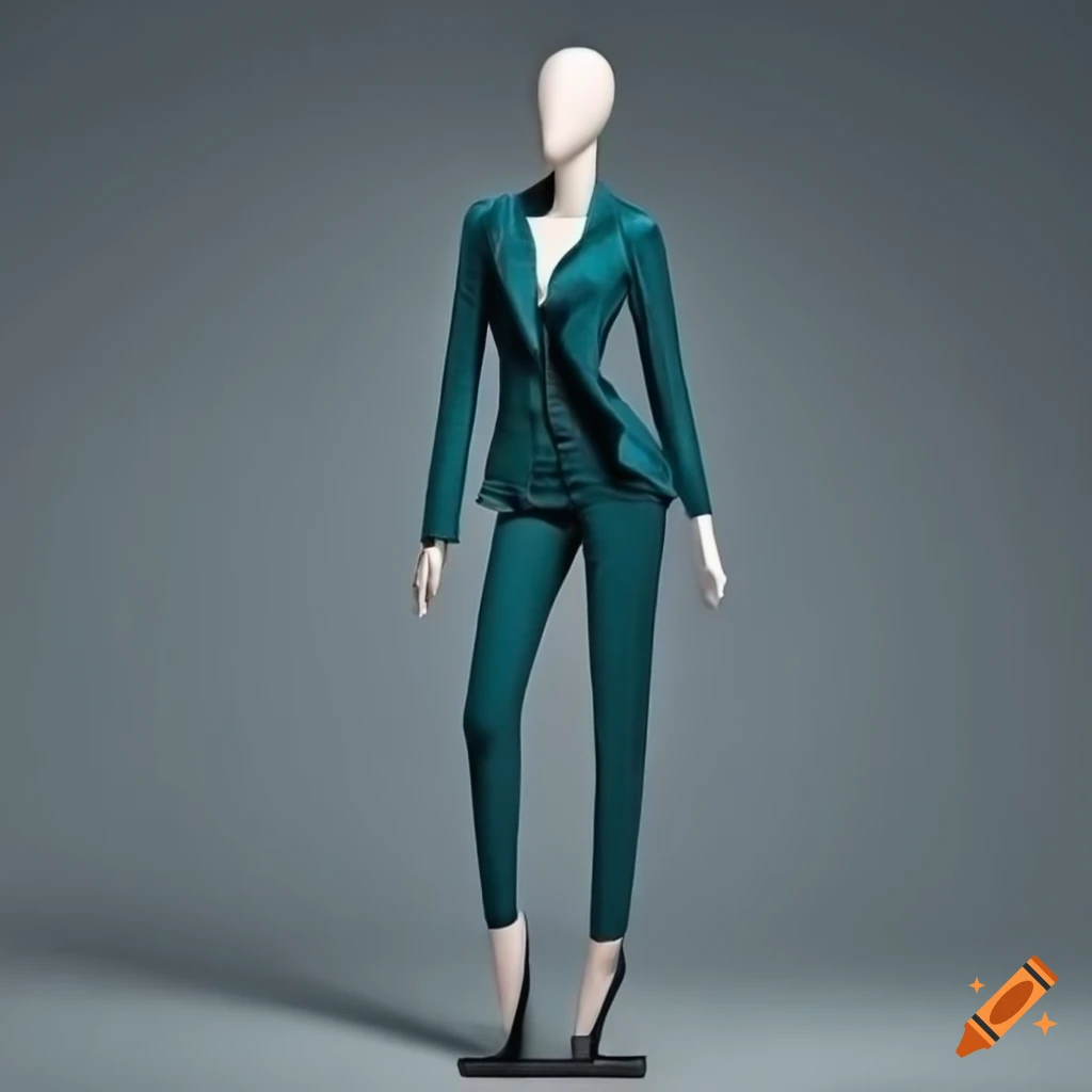 Woman mannequin in dark teal suit with black shirt and heels