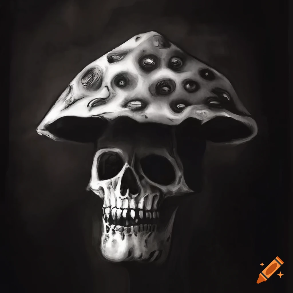 Highly detailed skull-shaped mushroom charcoal drawing in Gothic style