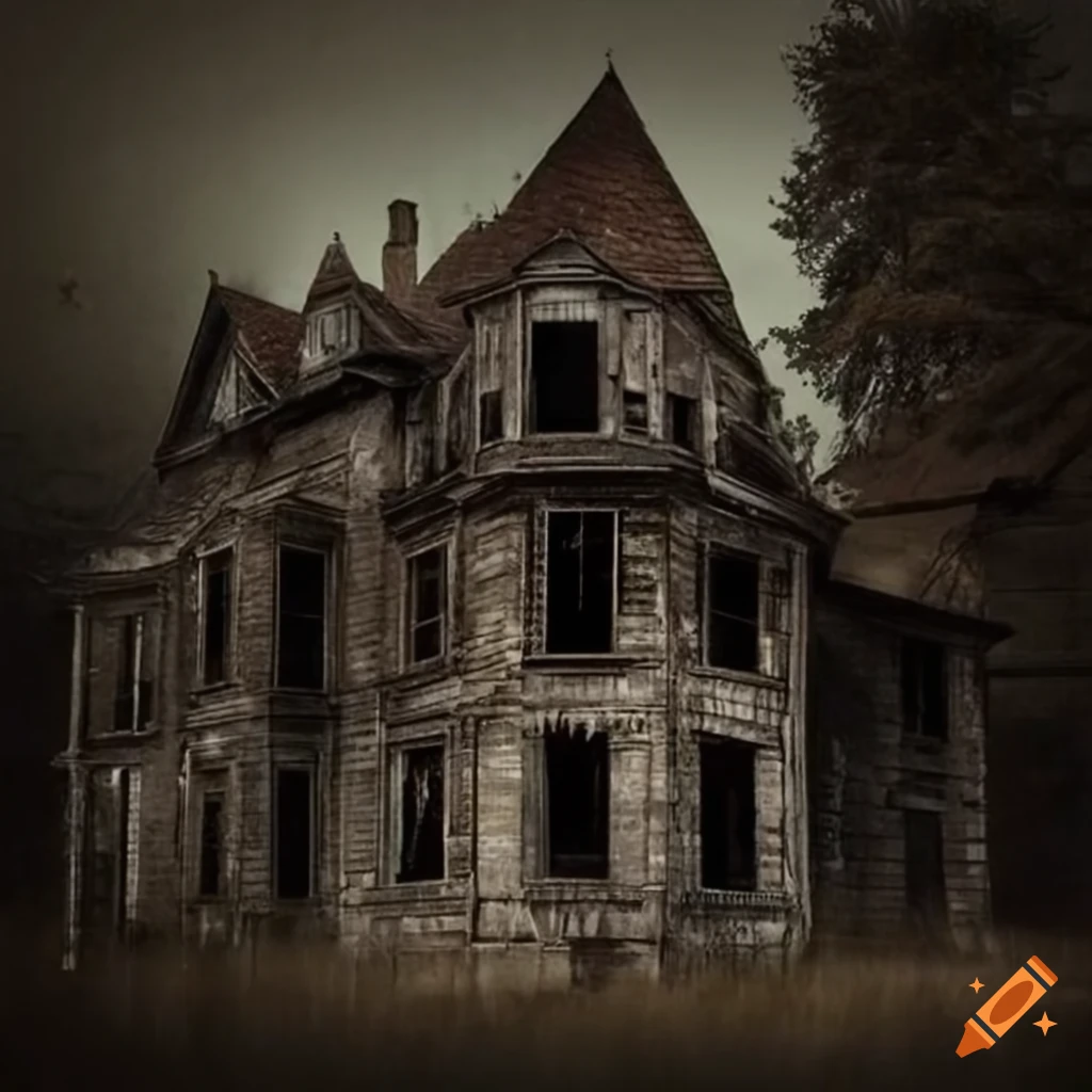 Ghost haunting abandoned house in a vintage art poster print