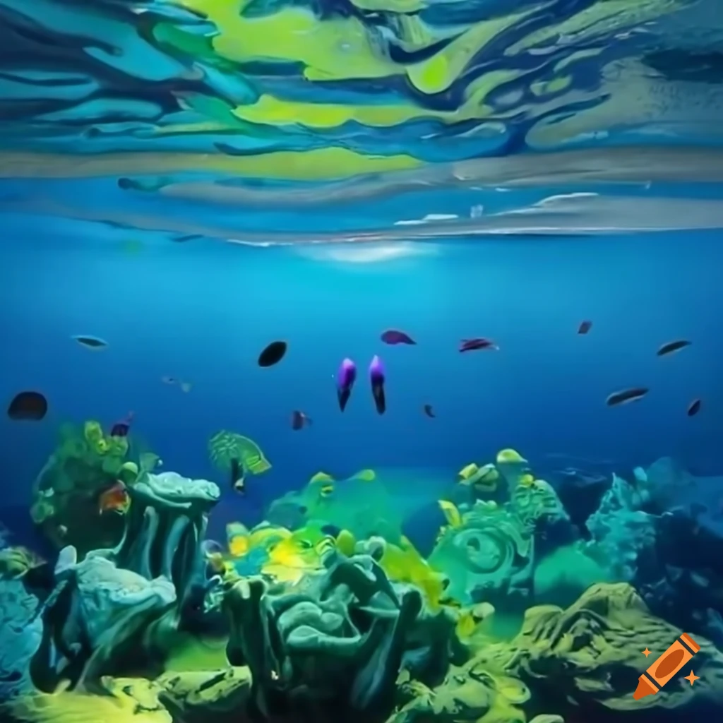 Vibrant underwater scene in shades of blue, green, and purple crayons