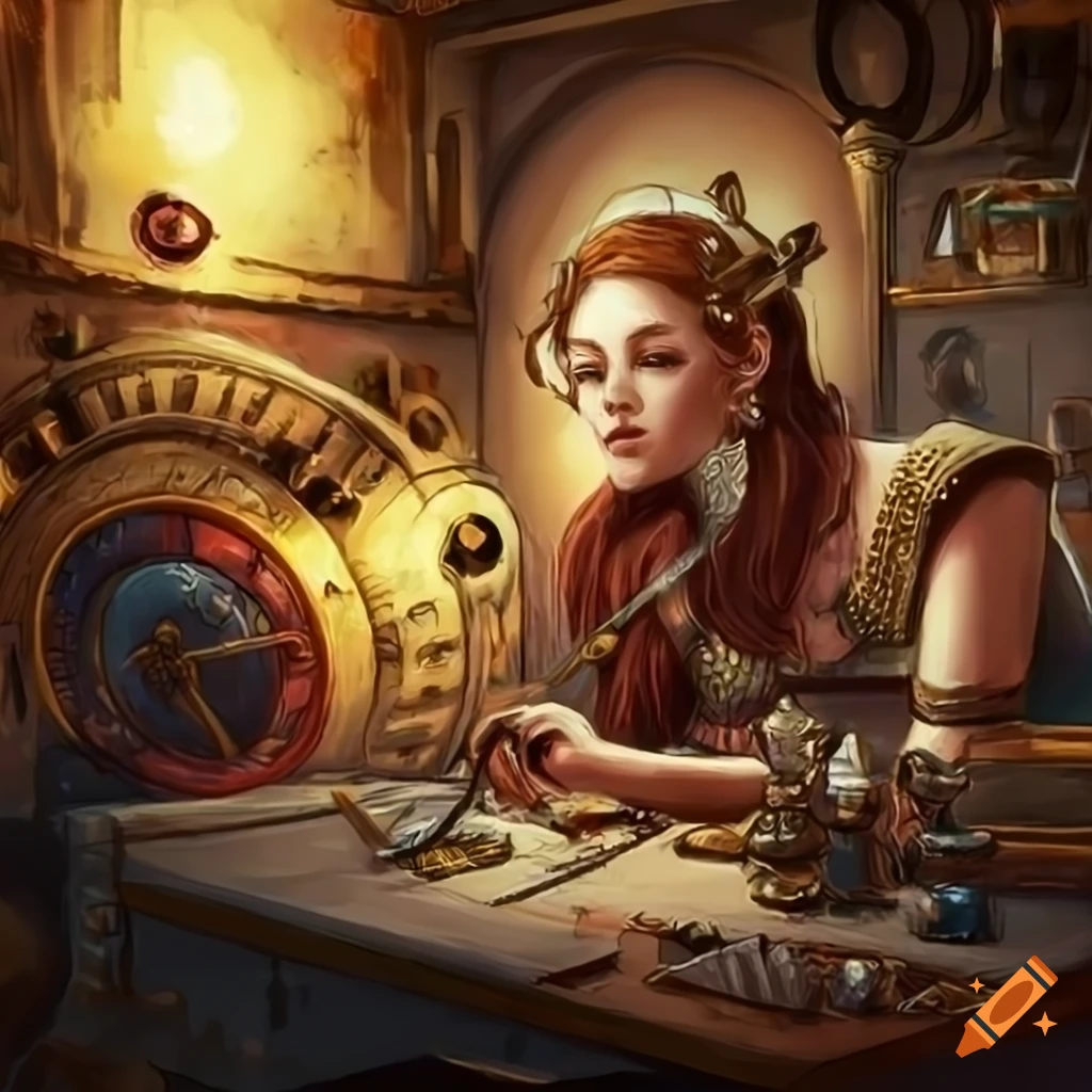 Artist rushing in a steampunk studio in a fantasy art style on Craiyon
