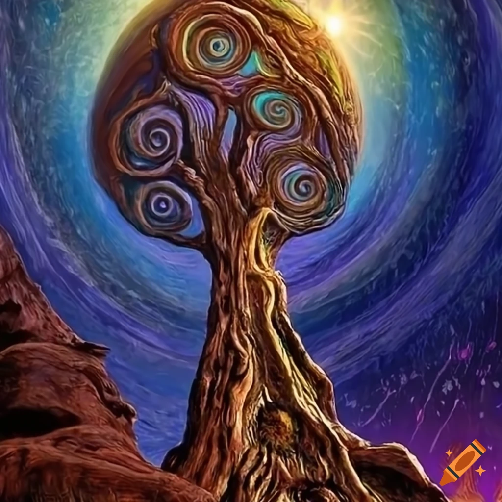 Scary huge stone tree-like structures in moonlight with spirals in an Art Nouveau style