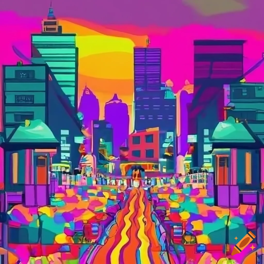 Vibrant urban scene at a nostalgic music festival from the '90s and ...