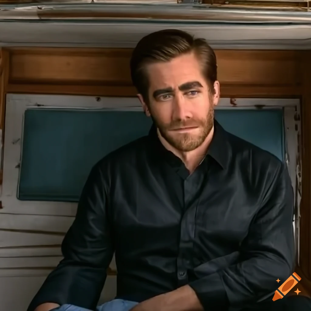 Actor resembling Jake Gyllenhaal sitting in a vintage caravan trailer