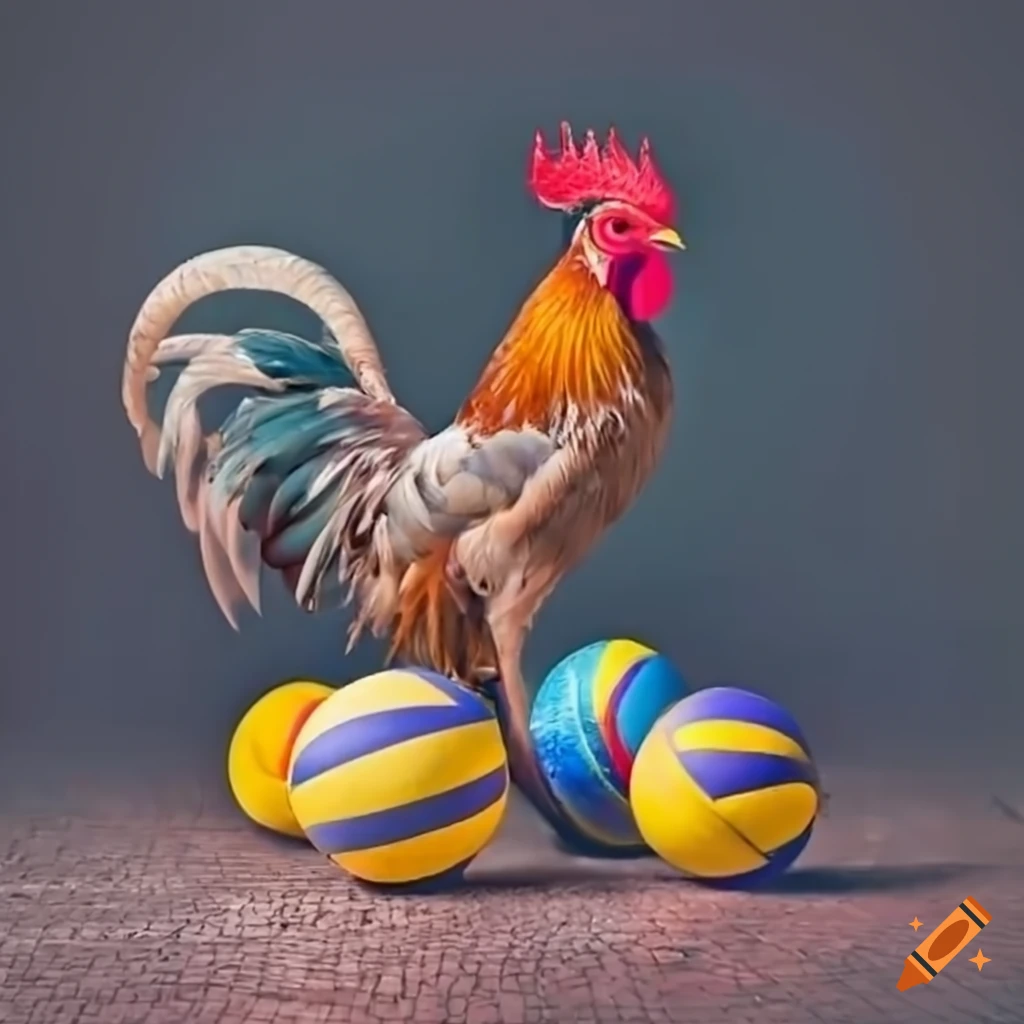 Proud rooster on colorful volleyballs in a barnyard