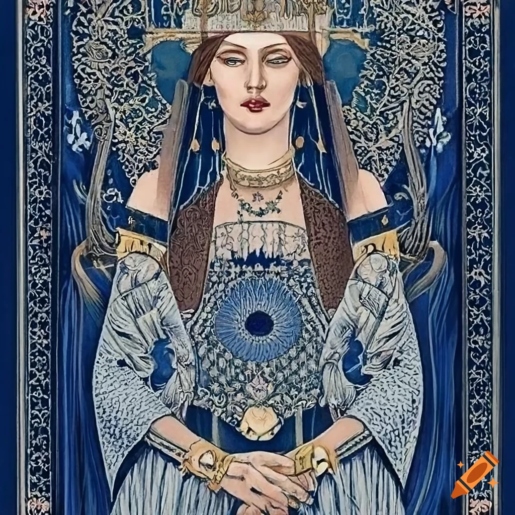 Intricately designed Rider-Waite-Smith Tarot card featuring a pukhtana priestess in deep navy blue and beige colors