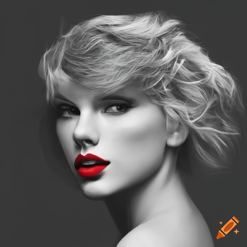 Abstract black and white portrait with red lips of taylor swift on Craiyon