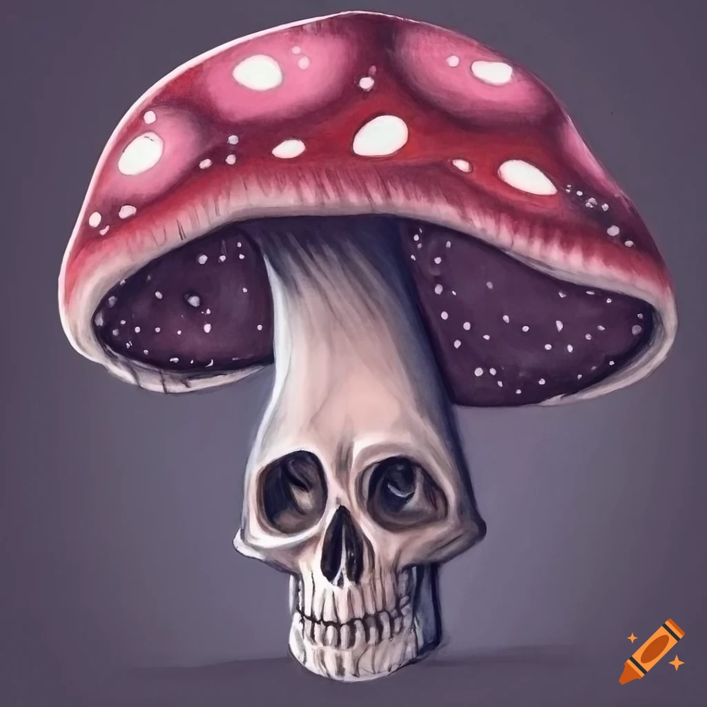 Skull-shaped mushroom in cartoon Gothic style charcoal drawing