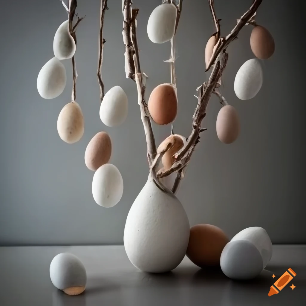 White and brown Easter eggs hanging from willow branches in a vase on ...