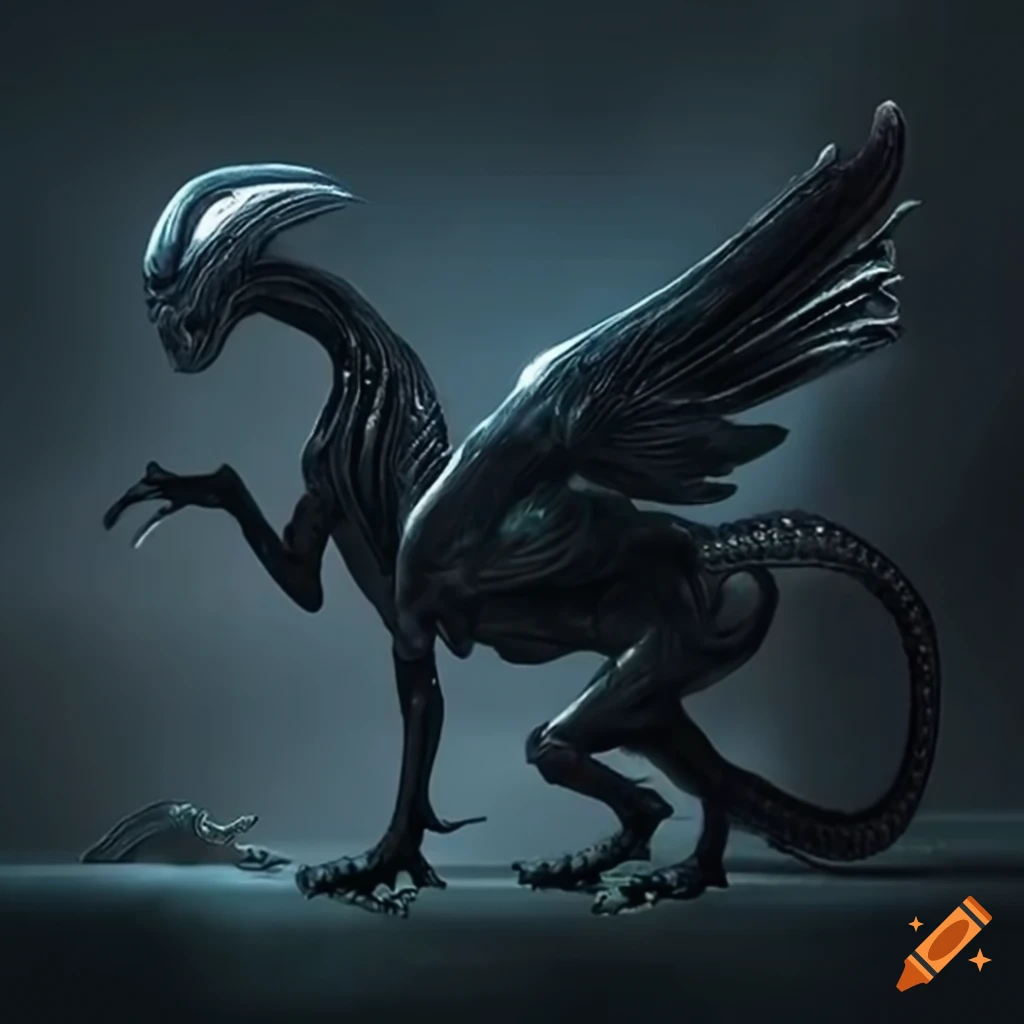 Science fiction and fantasy blend with a xenomorph-pegasus hybrid