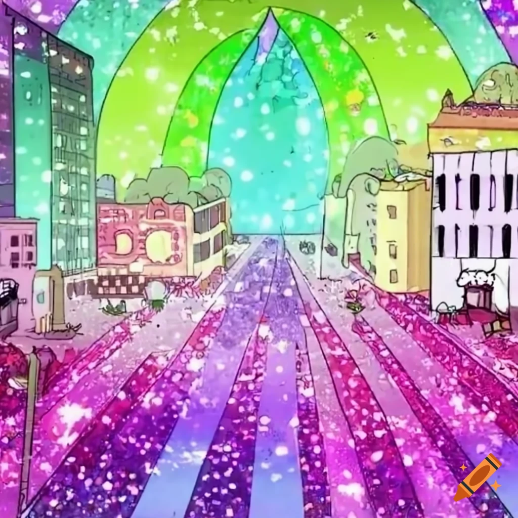 Rainbow glitter city in a regular show background