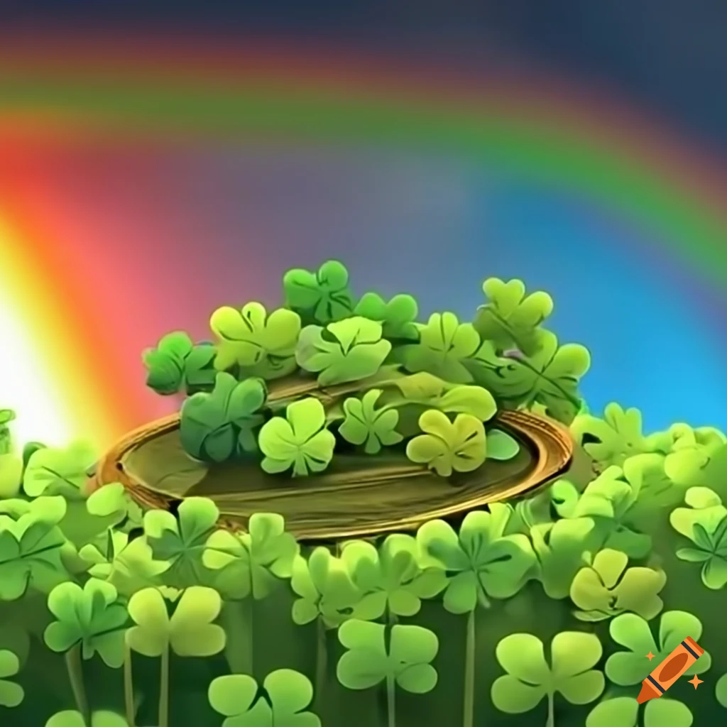 Lucky clover fields, rainbows, and pot of gold for St. Patrick's Day theme