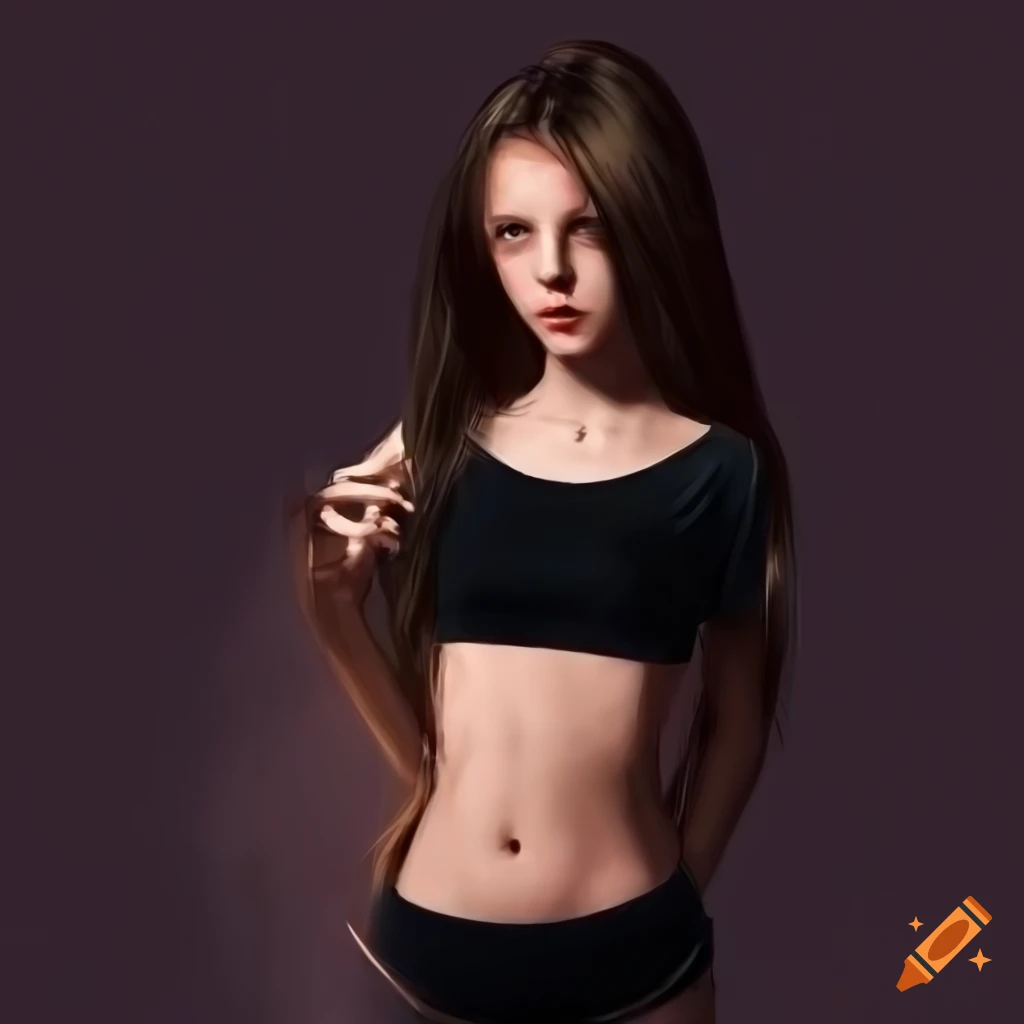 Girl with black t-shirt and boxers and brown hair