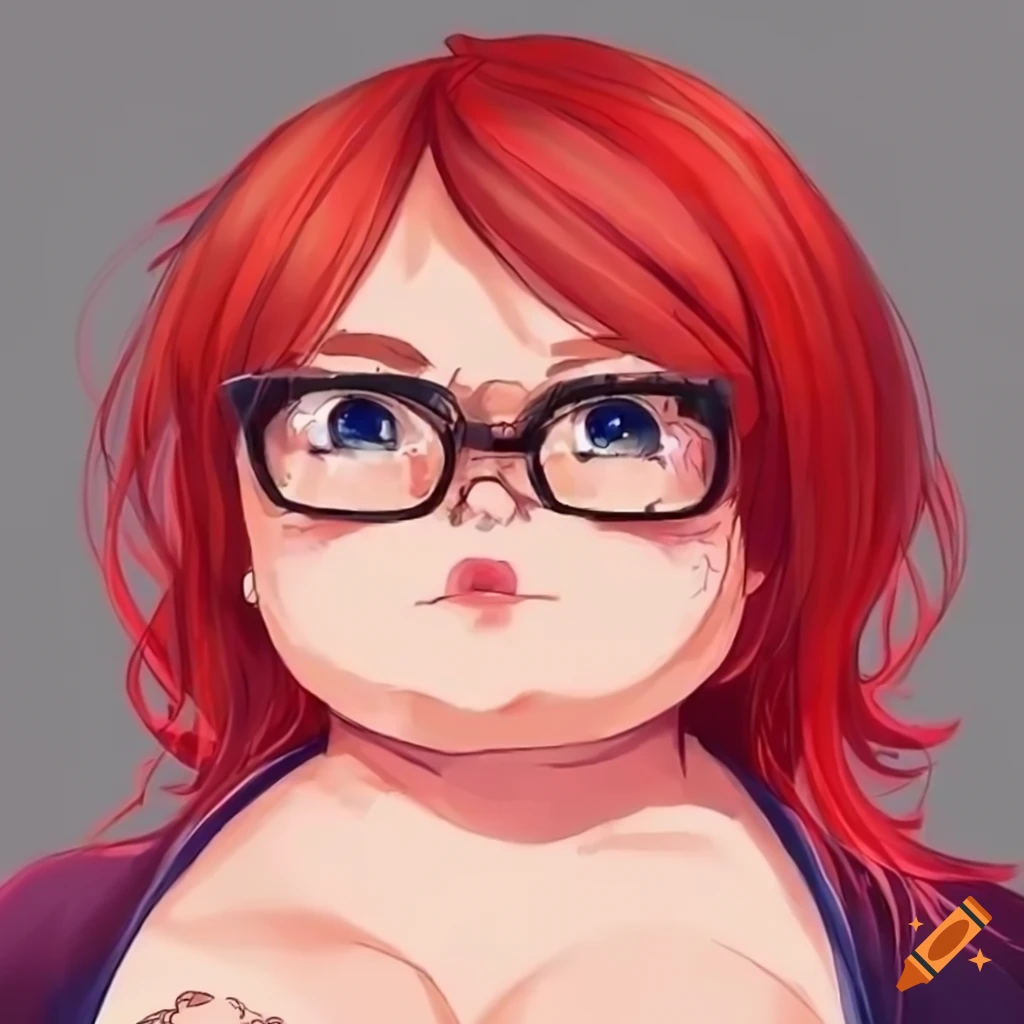Anime cute girl with red hair and glasses