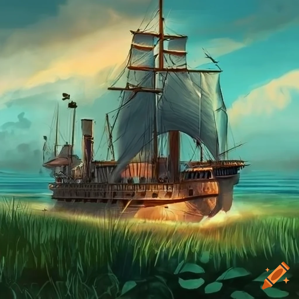 Impressive paddle steamer warship on grass in fantasy art style