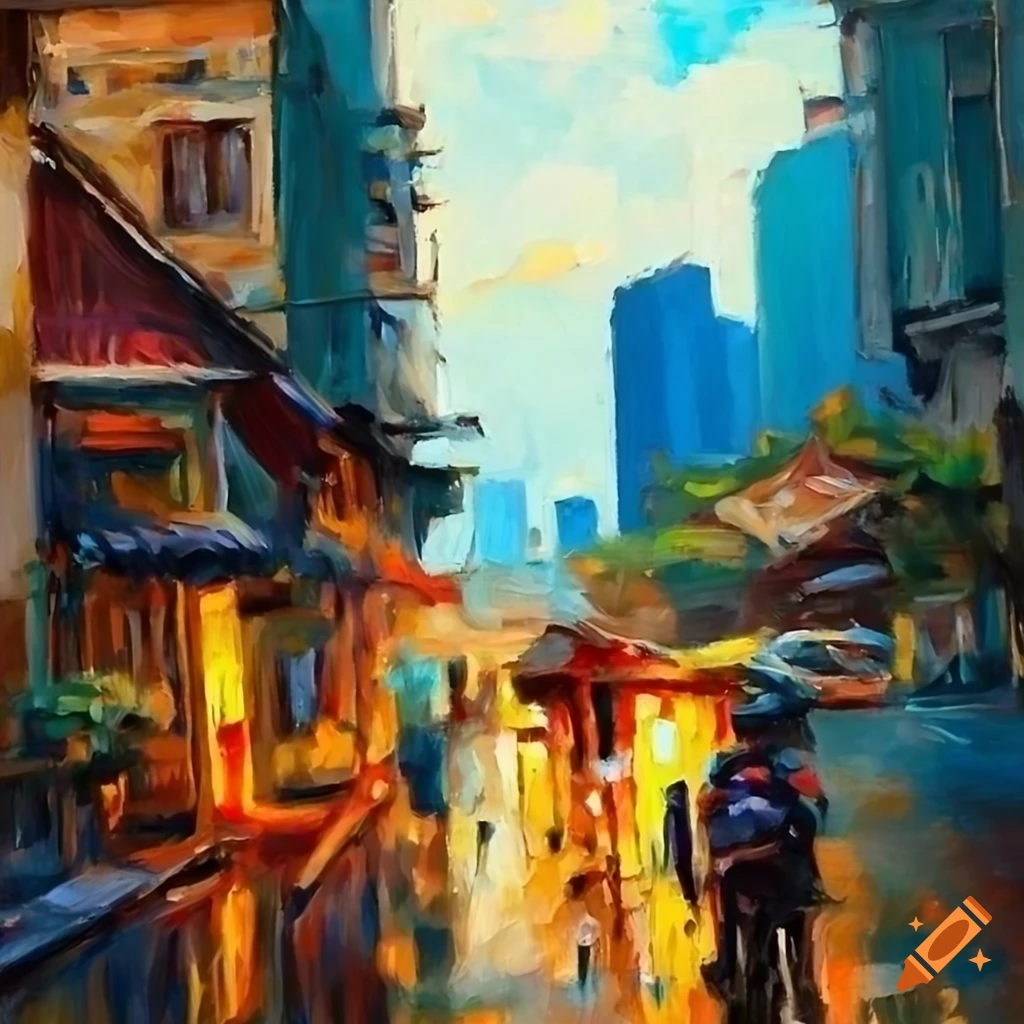 Oil painting of city life in Jakarta with traditional buildings and pedestrians