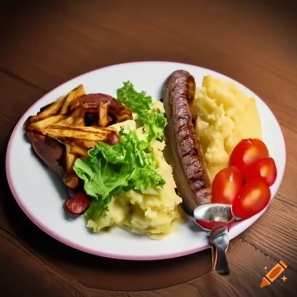 Grilled sausage, fries, mashed potatoes, steak, lettuce, and cherry tomato on a wooden table