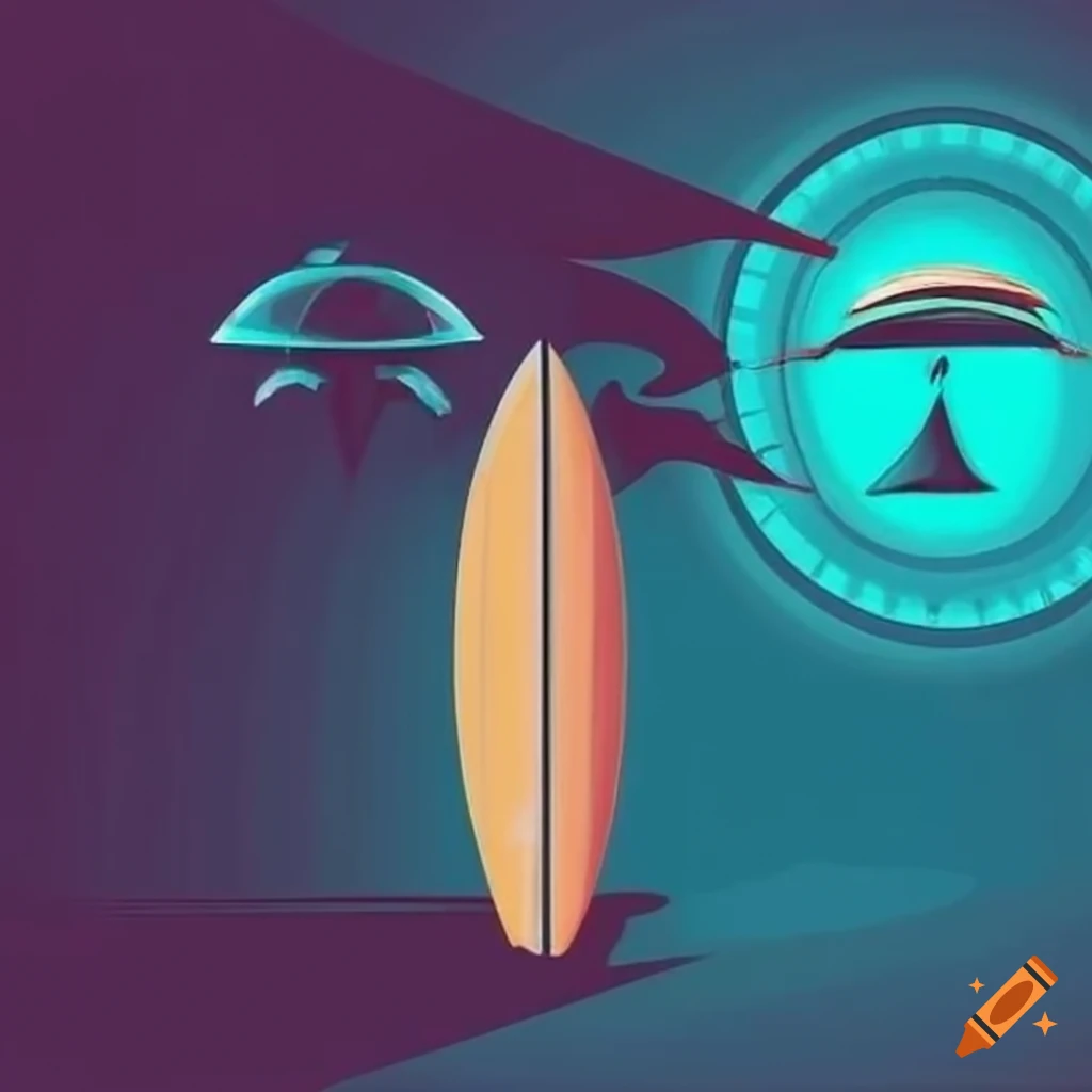 Stylish surfboard design with retro UFO in the background