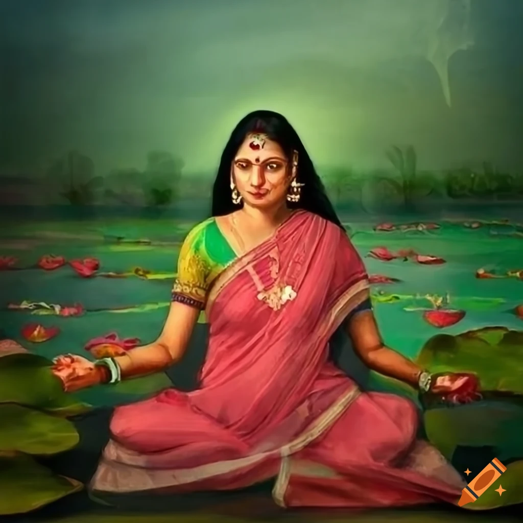Traditional Indian woman near a lotus pond in art style