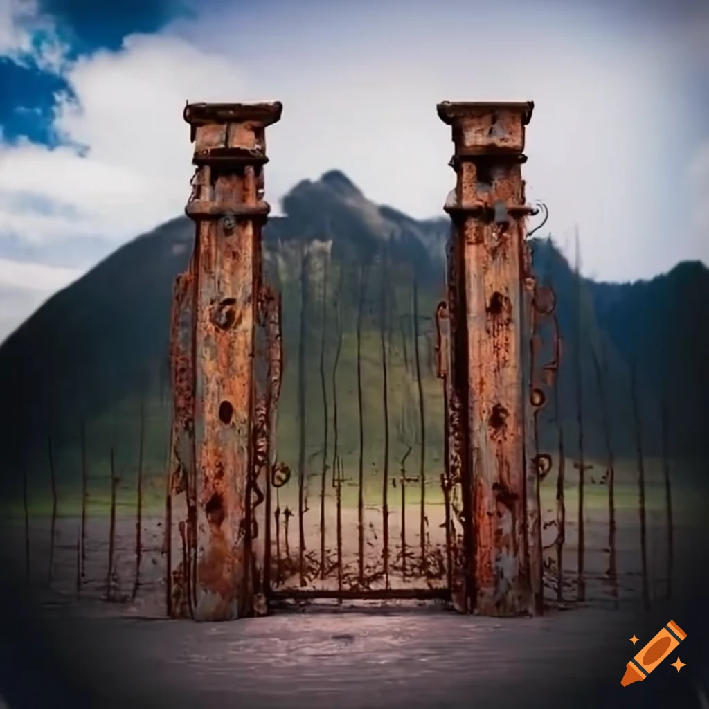 Large rusty gate in front of a mountain on Craiyon