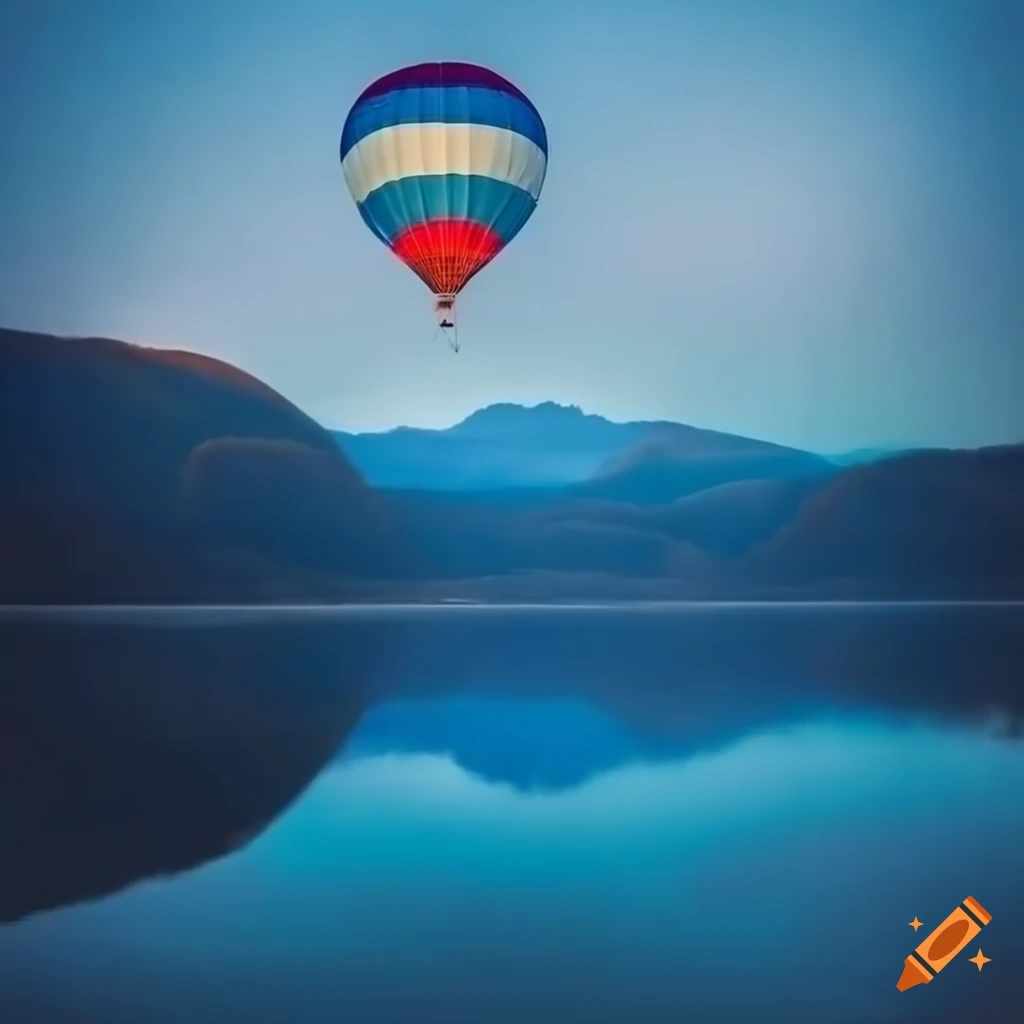 Blue and white hot air balloon against a sunrise over a lake