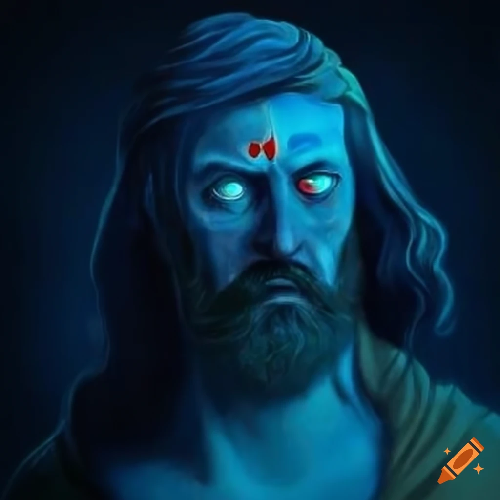Blue, sunken portrayal of biblical character David on his knees with tearful eyes looking up