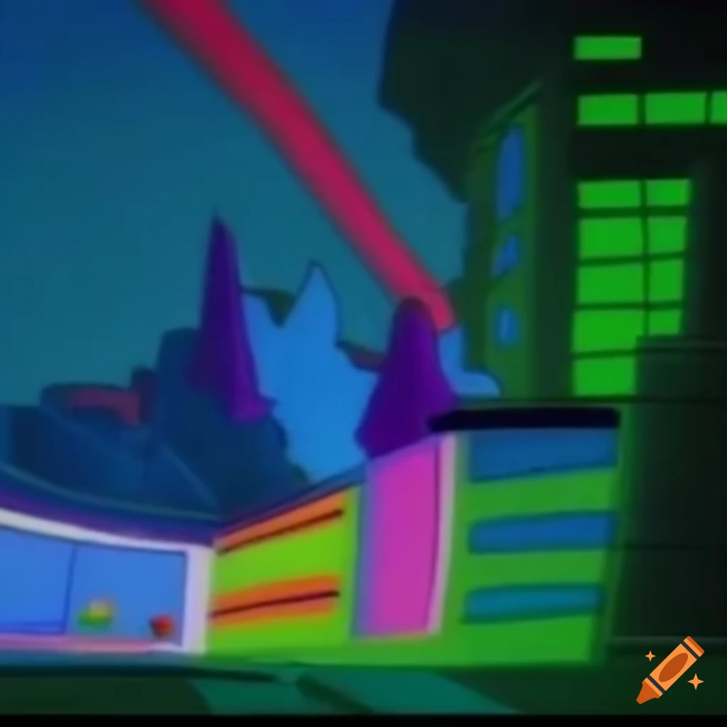 Rainbow sparkle city in a 90s cartoon background shot with a vhs effect