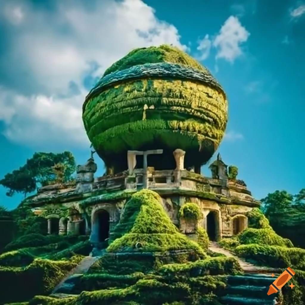 Moss-covered airship over a Mayan-style garden complex built into a cliff side
