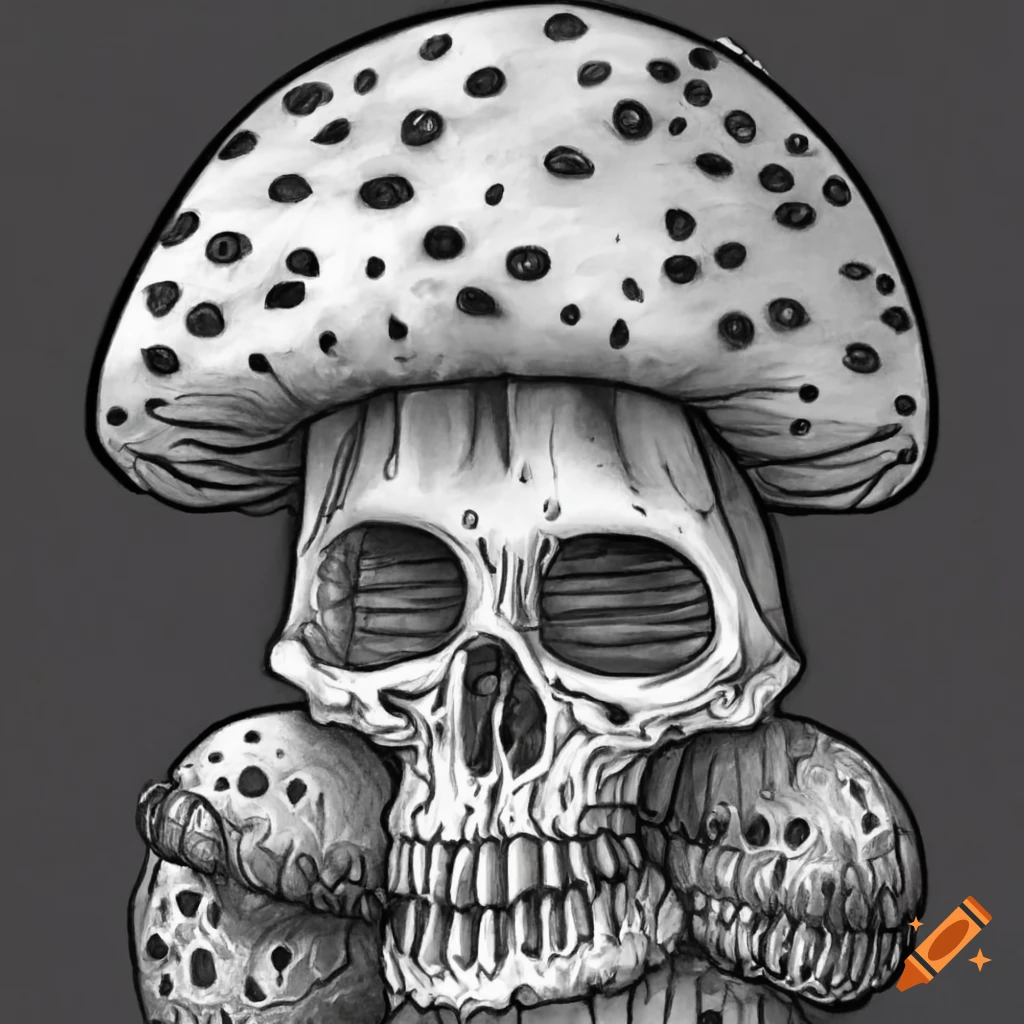 Detailed skull-shaped mushroom in cartoon Gothic style
