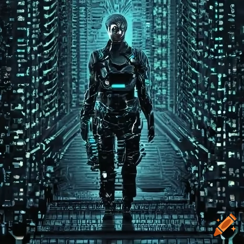 Dark futuristic login view with matrix code and tech elements