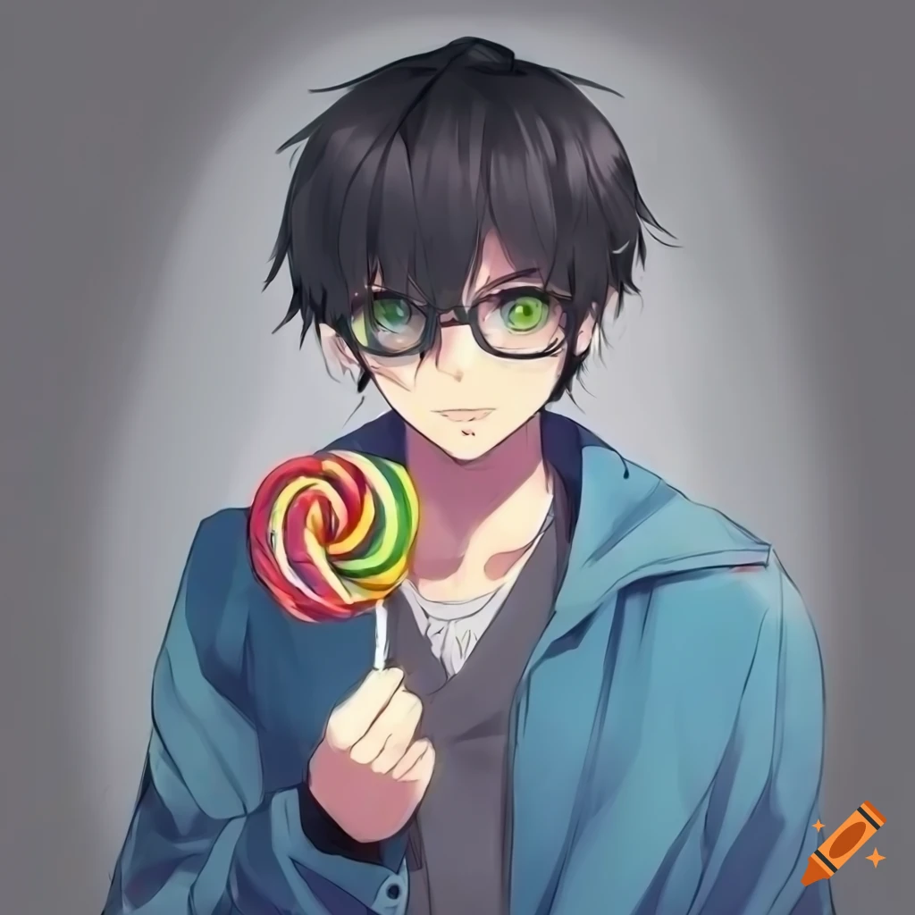 Cute anime guy with green eyes, glasses, and lollipop